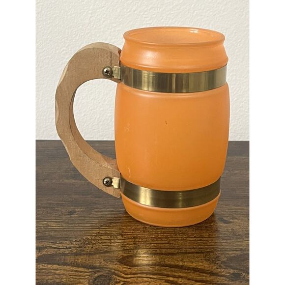 5 Vintage SIESTA WARE Barrel Shaped Frosted Glass Mugs Wood Handles MCM - Picture 9 of 10